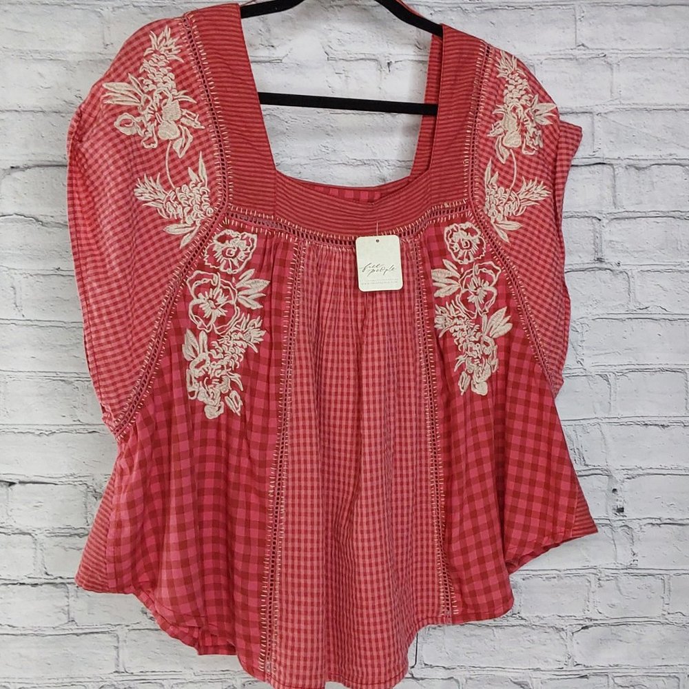 'FREE PEOPLE' 'BEĹĹA' EMBROIDED SQUARE-NECK PEASANT TOP FLUTTER-SLEEVE GINGHAM